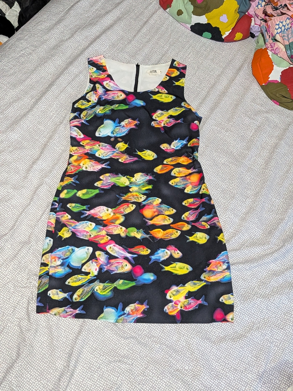 Molly Bracken Black Mini Dress with Multicolor Fish Print, Size s